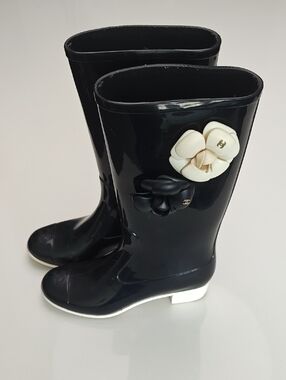 CHANEL Black Glossy Rain Boots with Cream & Black Camellia Accents